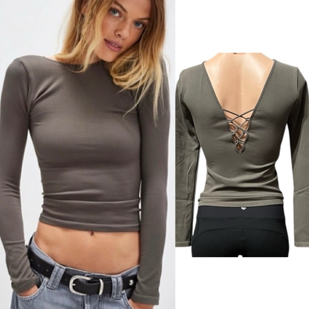Free People Intimately Collection Gray Strappy Back Long Sleeve Women’s M/L NWT